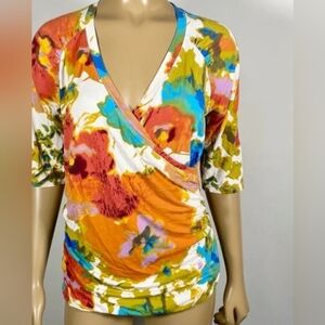 Cabi Style 309 Watercolor Ruched Faux Wrap Top Small Floral V Neck Stretch